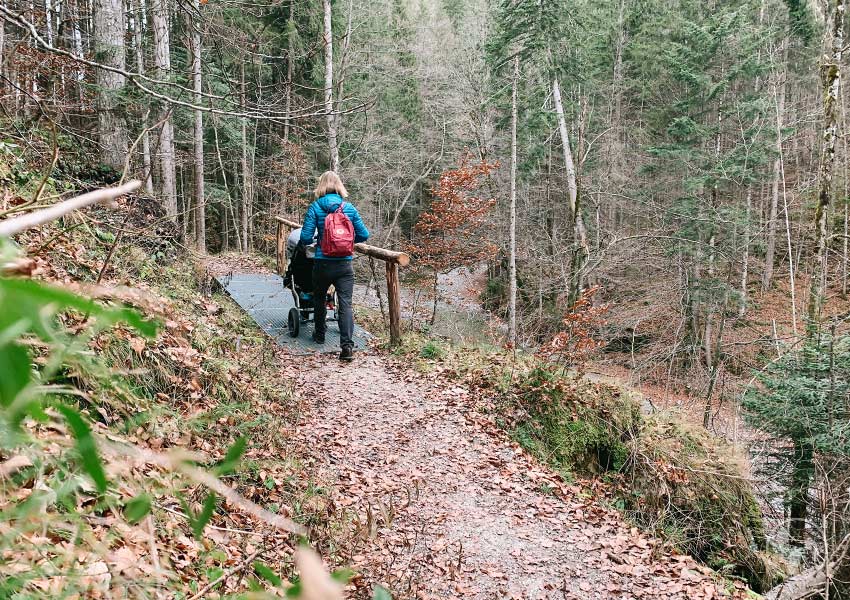 Waldweg mit Kinderwagen zum Wasserfall in der Jachenau