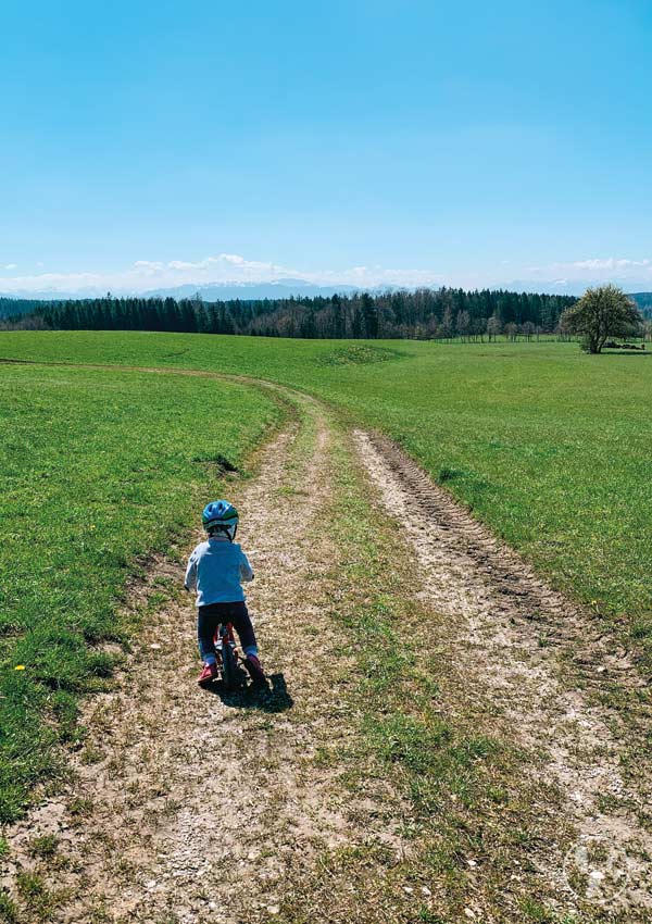 Kind mit Laufrad auf der Ludwigshöhe mit Alpenpanorama